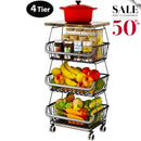 Tier Fruit Basket For Kitchen Organizers And Storage,with Solid Wood Top,Stackable Metal Wire Basket Stand Cart With Wheels For Fruit Vegetable