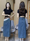 Women's Waist Slit Blue Denim Skirt