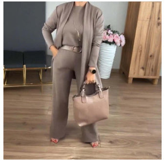 Round Neck Long Sleeve Top Belt Comfortable Blouse And Pants