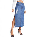 European And American Style Women Split Irregular Ripped Denim Skirt