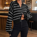 Women's Elegant Polo Collar Stripes Loose Sweater
