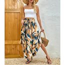 Women's High Elastic Waist Midi Skirt Casual Summer Trendy Tie Front Flowy Floral Print Beach Long Skirt