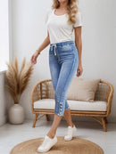 2025 New Women Chic Chic Denim Shorts, Drawstring Closed And Split Button Hem, Comfortable Fabric, Suitable For All Kinds Of Wear, Spring And Summer Women's Wear