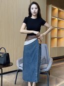 Women's Waist Slit Blue Denim Skirt