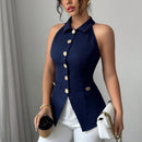 Women's Elegant Solid Sleeveless Vest - Button Front Lapel Top, Slim Fit Camisole For Spring&Summer