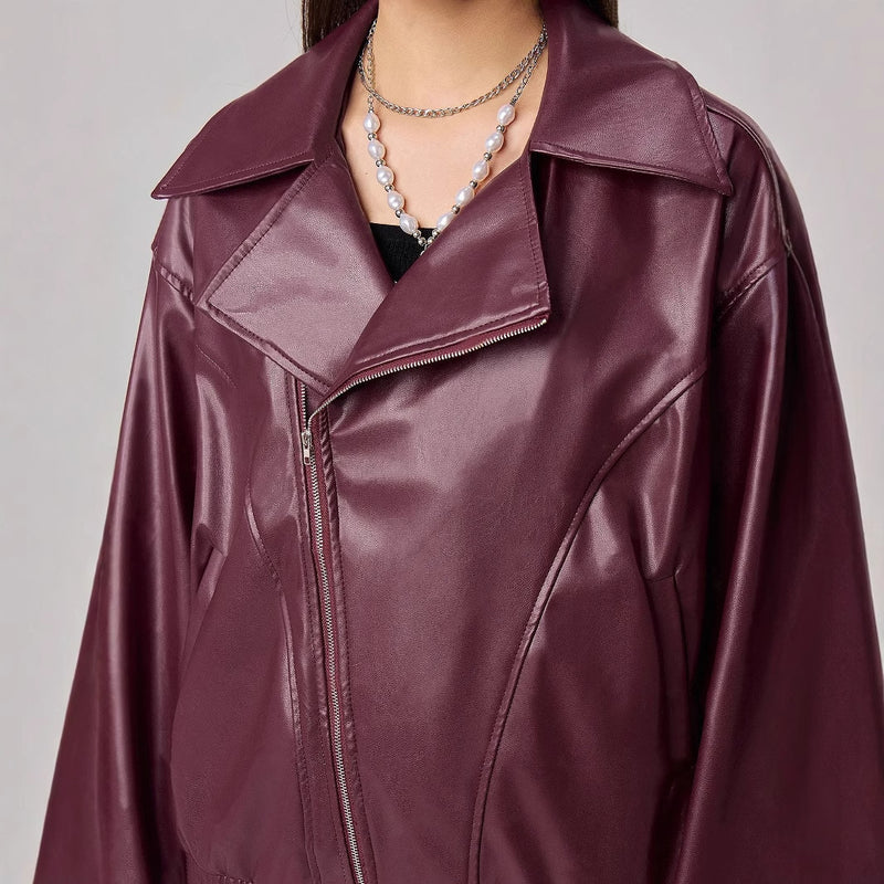 Loose-fitting Long Sleeves Leather Jacket Coat