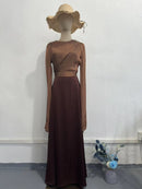 Elegant Summer Sleeve Contrast Chiffon & Satin Maxi Dress With Flared Cuffs - Slim Fit Long Dress For Women