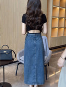 Women's Waist Slit Blue Denim Skirt