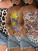 3pcs Plus Size Print Tassel Trim Summer Top