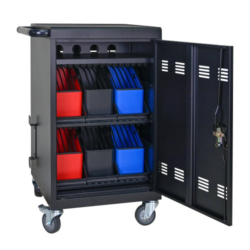 Tablet Laptop 32-bit-Plastic Device Basket Device For Mobile Charging Trolley- Includes Cable Management Dividers, Cable Clips, Storage Compartment, And Removable Doors  Black