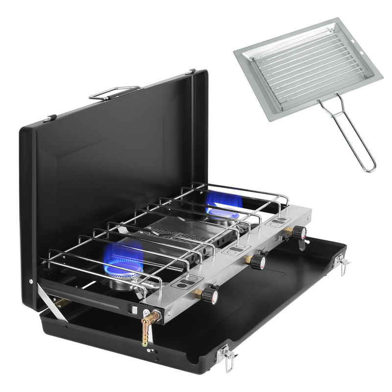 3 Burner Camping Stove 20000 BTU Portable Foldable Propane Stove With Toast Tray Windshield Portable Handle Outdoor Cooking Gas Stove For RV Camping BBQ Picnic