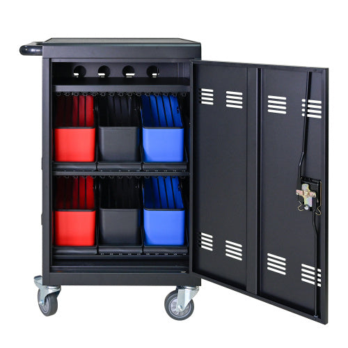Tablet Laptop 32-bit-Plastic Device Basket Device For Mobile Charging Trolley- Includes Cable Management Dividers, Cable Clips, Storage Compartment, And Removable Doors  Black