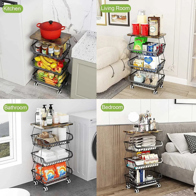 Tier Fruit Basket For Kitchen Organizers And Storage,with Solid Wood Top,Stackable Metal Wire Basket Stand Cart With Wheels For Fruit Vegetable