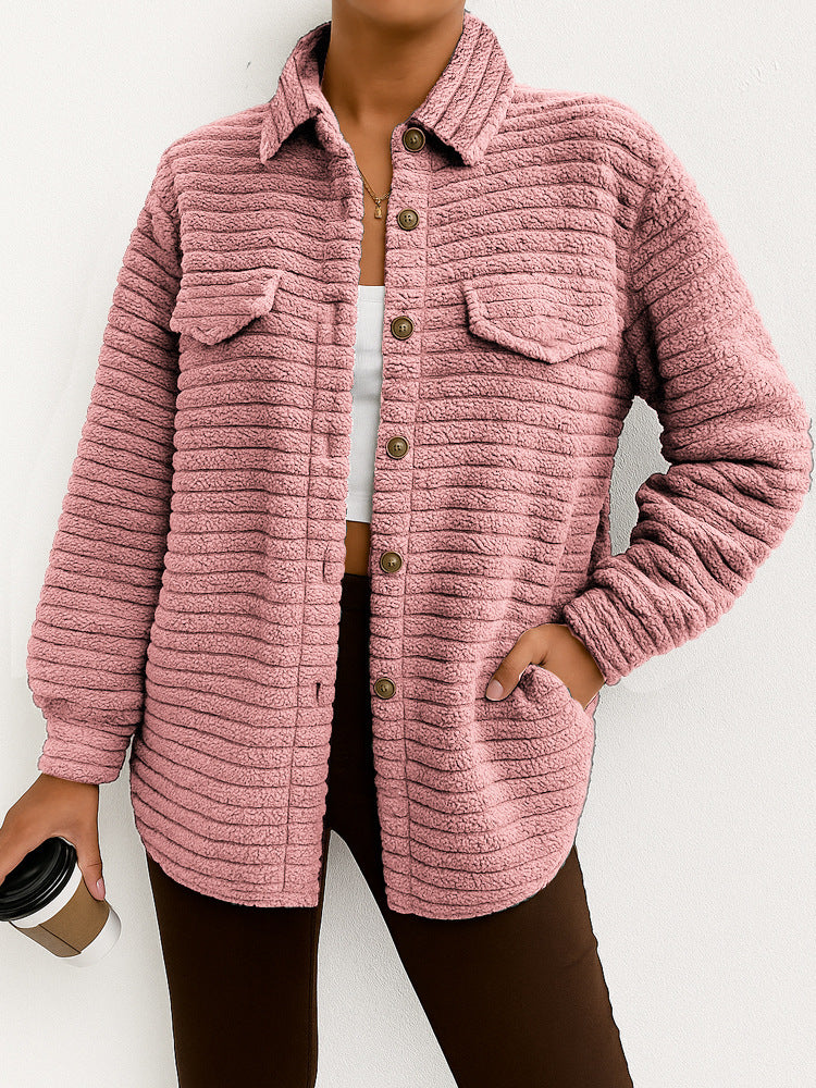 Women's Casual Loose Fashion Striped Long-sleeved Cardigan Lapel Plush Coat