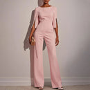 Women's Elegant Round Neck Jumpsuit - Mid-Sleeve With Side Slit Cuffs & Pearl Accents, Back Zipper Design For Casual To Formal Events