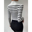 Fashion Long Sleeve Sunken Stripe Turtleneck Casual Slim Striped Sweater