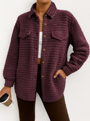 Women's Casual Loose Fashion Striped Long-sleeved Cardigan Lapel Plush Coat