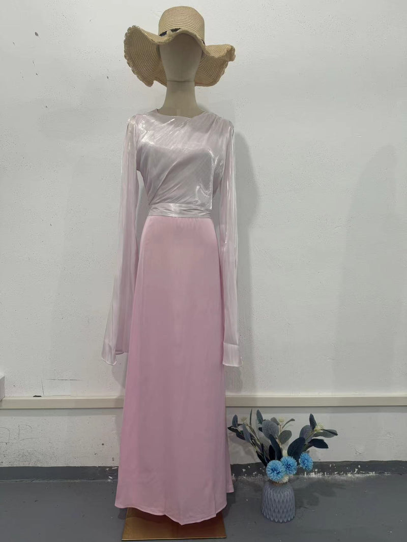 Elegant Summer Sleeve Contrast Chiffon & Satin Maxi Dress With Flared Cuffs - Slim Fit Long Dress For Women
