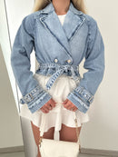 Lapel Long Sleeve Denim Wind-breaker Coat