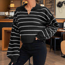 Women's Elegant Polo Collar Stripes Loose Sweater
