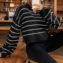 Women's Elegant Polo Collar Stripes Loose Sweater