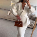 Women's Fashion Solid Color Buttons Puff Sleeve Skirt Dress Suit