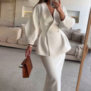 Women's Fashion Solid Color Buttons Puff Sleeve Skirt Dress Suit