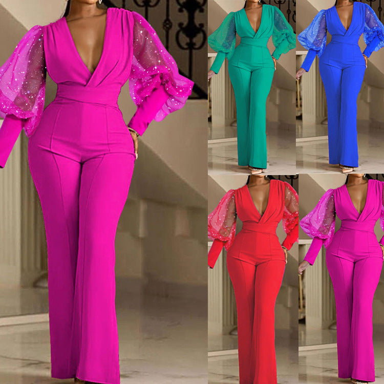 Mesh Stitching Long Sleeves Slim Wide Leg Jumpsuit