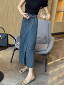 Women's Waist Slit Blue Denim Skirt