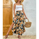 Women's High Elastic Waist Midi Skirt Casual Summer Trendy Tie Front Flowy Floral Print Beach Long Skirt