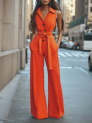 Women's Blouse Collar Solid Color Wide Leg Jumpsuit