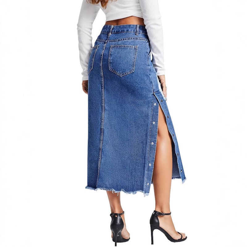 European And American Style Women Split Irregular Ripped Denim Skirt