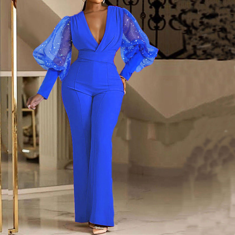 Mesh Stitching Long Sleeves Slim Wide Leg Jumpsuit