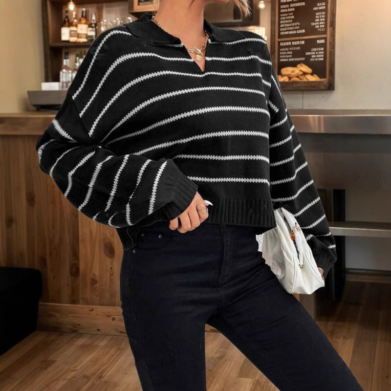 Women's Elegant Polo Collar Stripes Loose Sweater