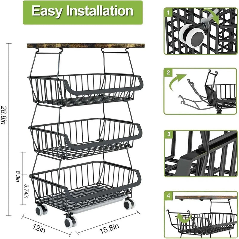 Tier Fruit Basket For Kitchen Organizers And Storage,with Solid Wood Top,Stackable Metal Wire Basket Stand Cart With Wheels For Fruit Vegetable